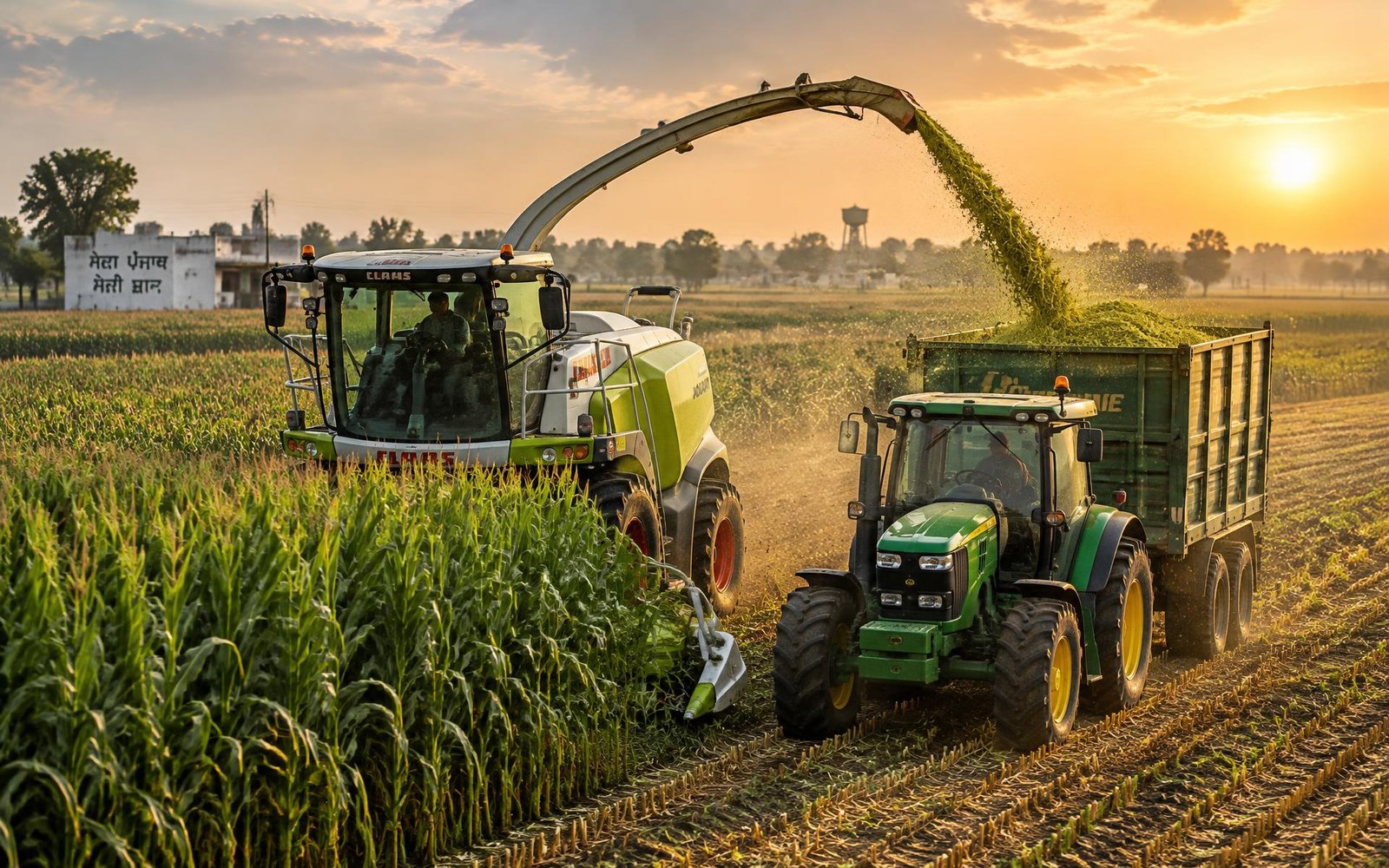 Forage harvester chopping corn crops in a Punjab field