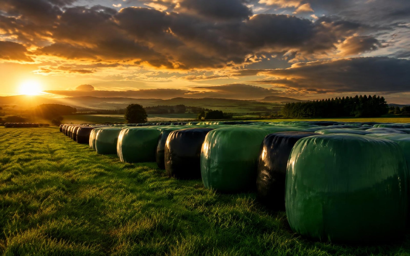 Wrapped silage bales in a green field